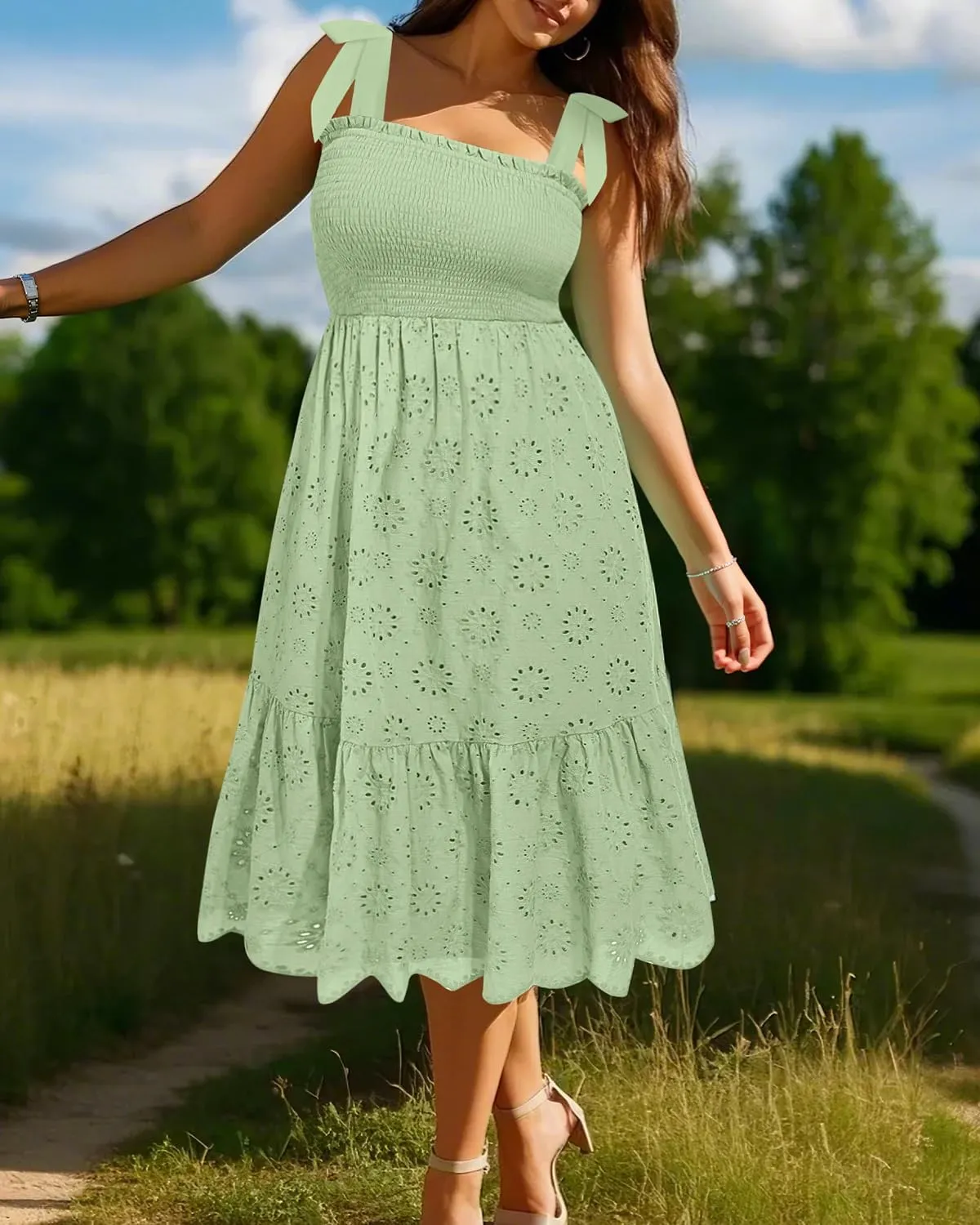 Plus Size Summer Dress 2025 - Sun Boho Casual Beach Spaghetti Strap Eyelet Midi Sundress