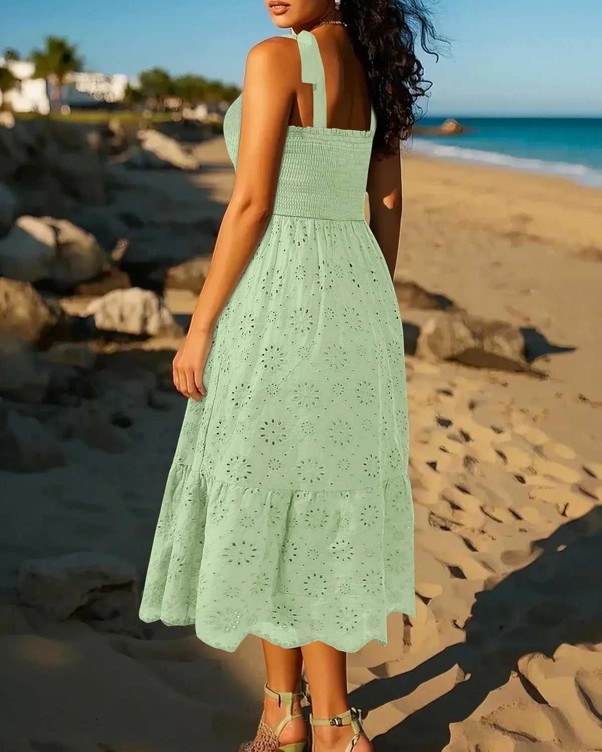 Plus Size Summer Dress 2025 - Sun Boho Casual Beach Spaghetti Strap Eyelet Midi Sundress