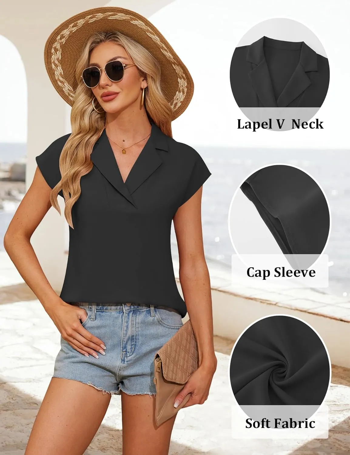 Rapbin Summer Tops for Women 2025 Short Sleeve Lapel V Neck Blouses Business Work Casual Chiffon Tunics Tops for Leggings