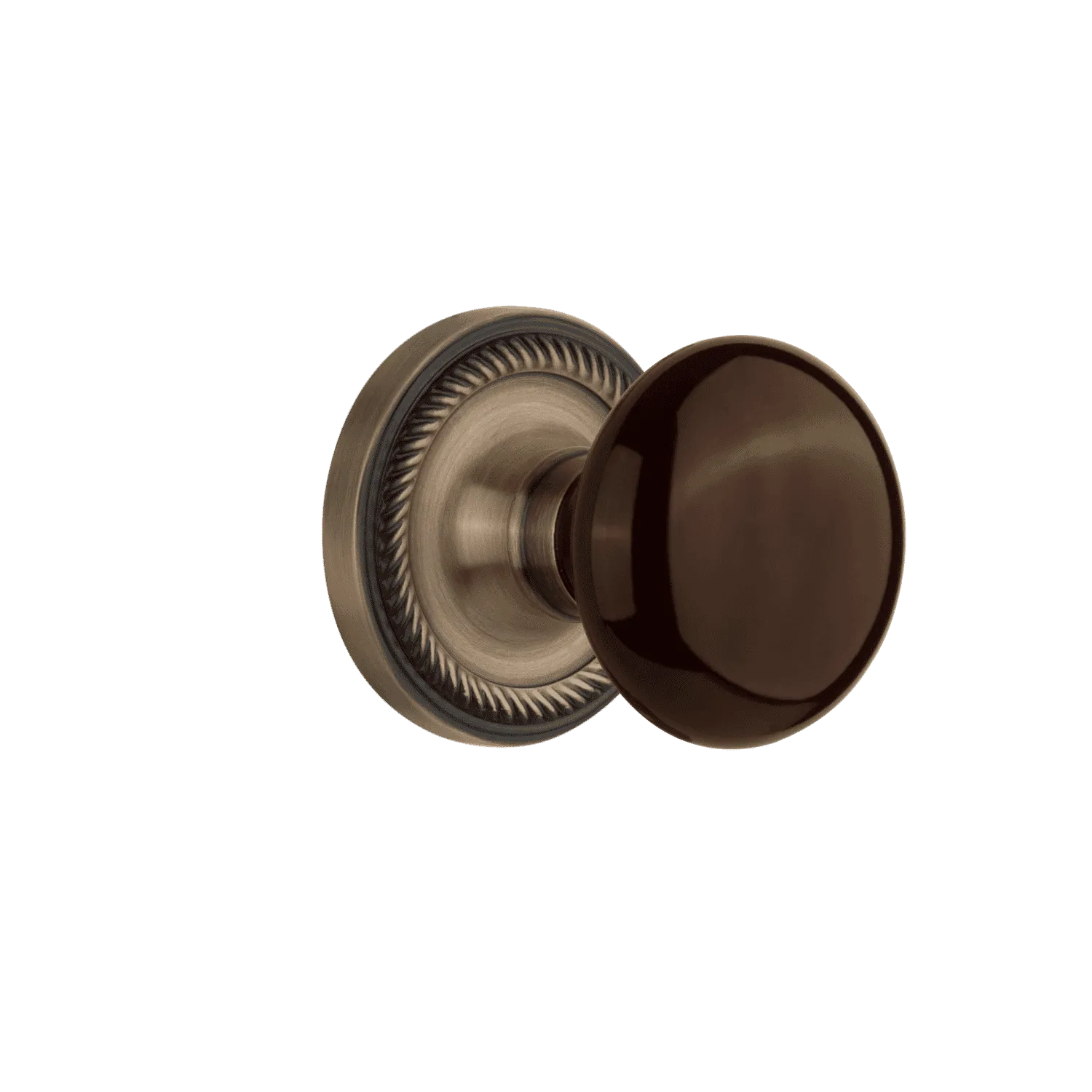 Rope Rosette with Brown Porcelain Knob in Antique Brass