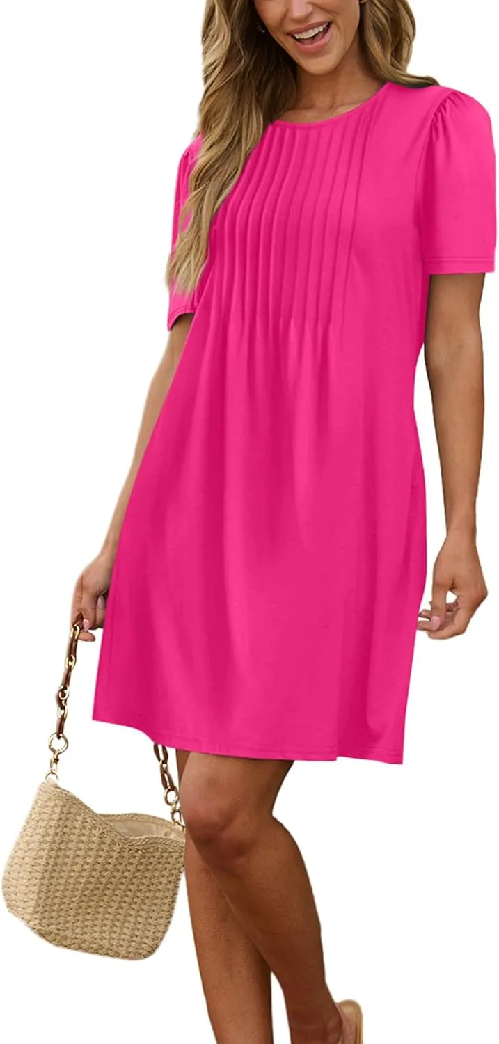 SAMPEEL Womens Pleated Front Summer Dresses Casual Short Sleeve T Shirts Dress with Pockets Vacation Beach Cover Up
