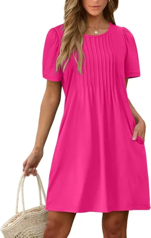 SAMPEEL Womens Pleated Front Summer Dresses Casual Short Sleeve T Shirts Dress with Pockets Vacation Beach Cover Up