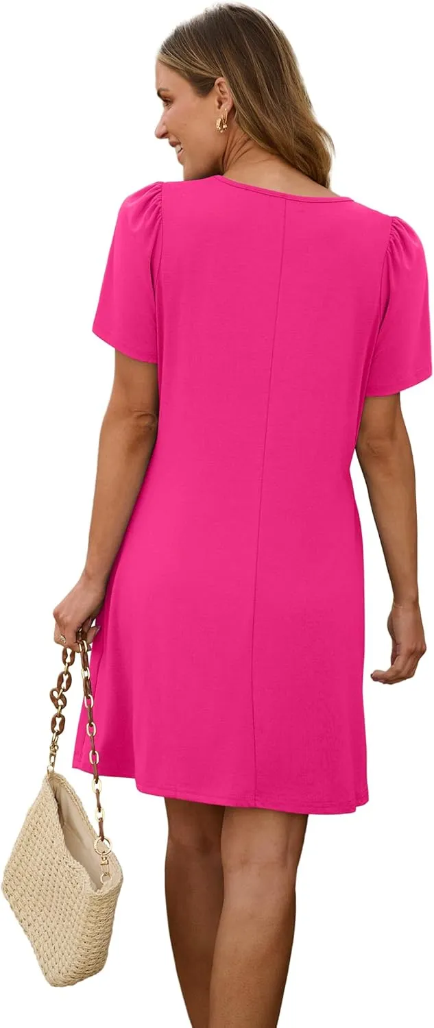 SAMPEEL Womens Pleated Front Summer Dresses Casual Short Sleeve T Shirts Dress with Pockets Vacation Beach Cover Up