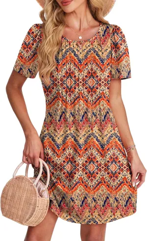 SAMPEEL Womens Pleated Front Summer Dresses Casual Short Sleeve T Shirts Dress with Pockets Vacation Beach Cover Up
