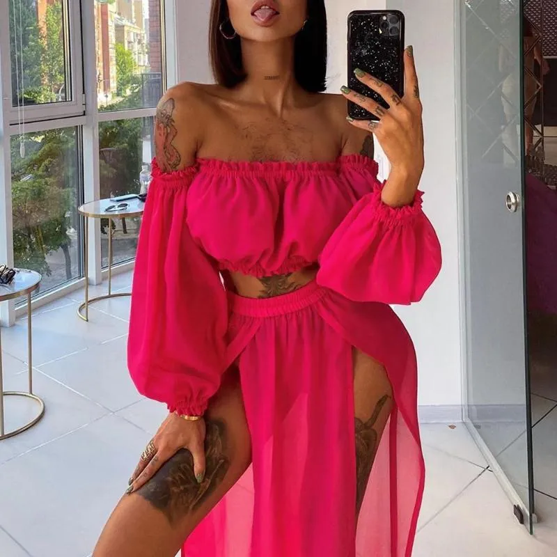 See-through Long Sleeve and Crop Top Swimwear Cover-up Set