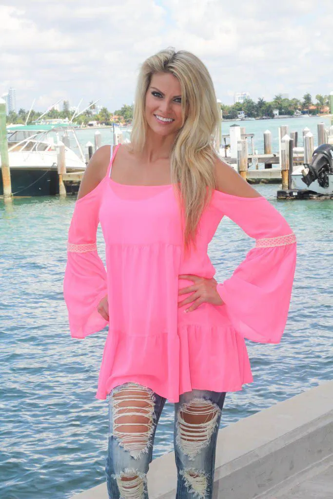 Sheer Neon Pink Bell Sleeve Top