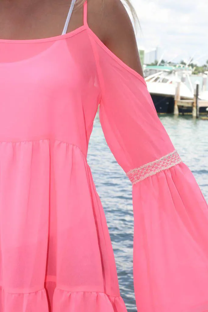 Sheer Neon Pink Bell Sleeve Top