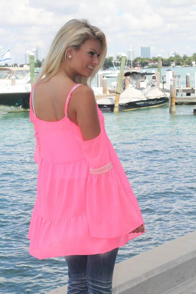 Sheer Neon Pink Bell Sleeve Top