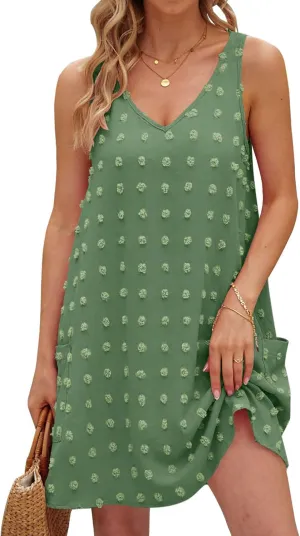 TECREW Women's Summer Sleeveless V Neck Tank Dress Swiss Dot Beach Cover Up Mini Dress with Pockets