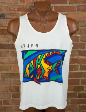 Vintage 90s Mussfeldt Design Aruba Multicolored Fish White Graphic Tank Top Unisex XL