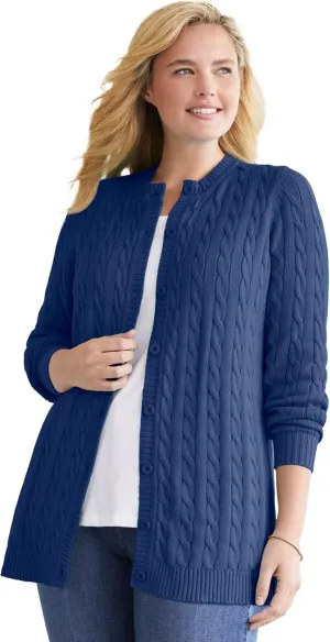 Woman Within Plus Size Cotton Cable Knit Cardigan Sweater