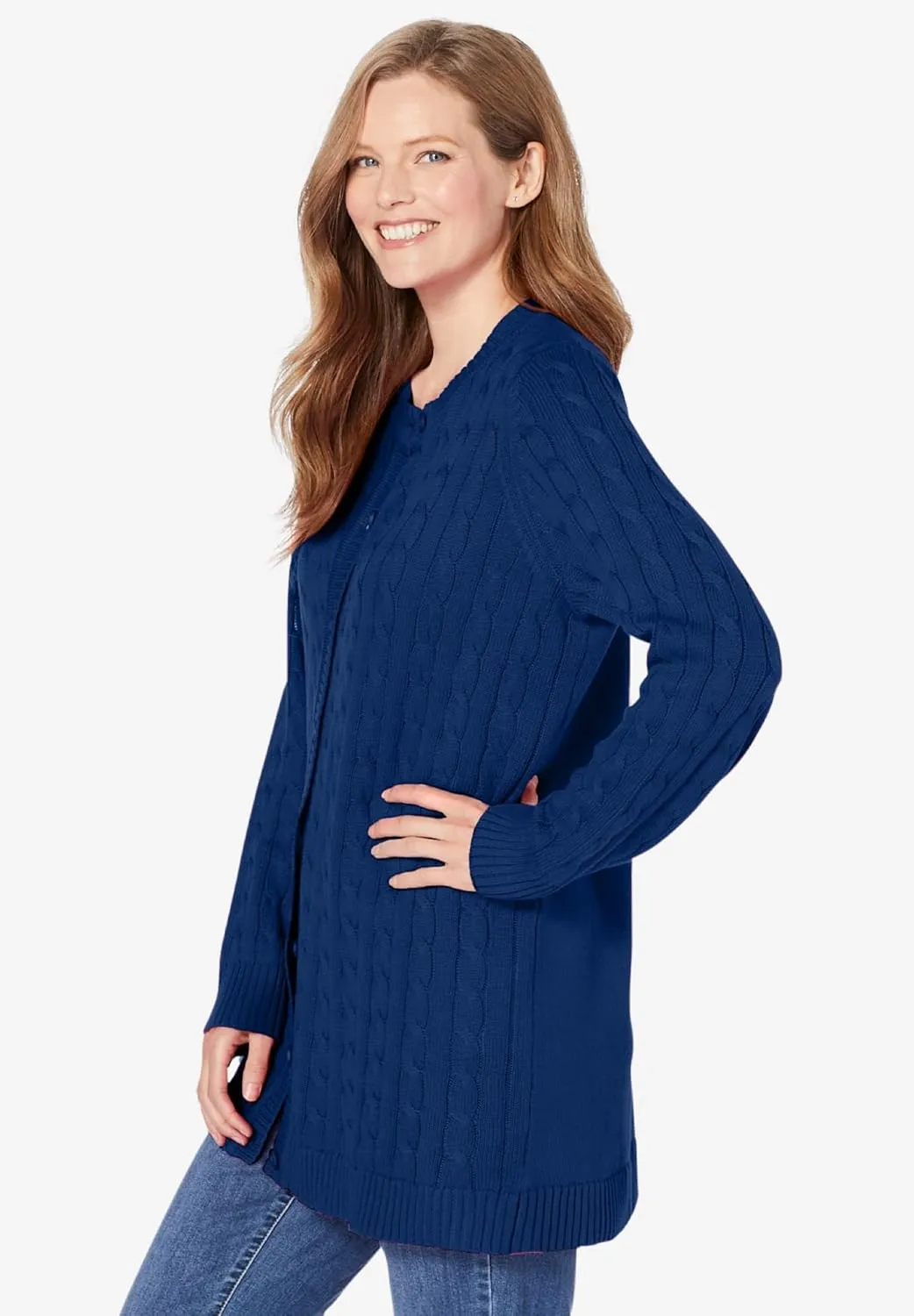 Woman Within Plus Size Cotton Cable Knit Cardigan Sweater