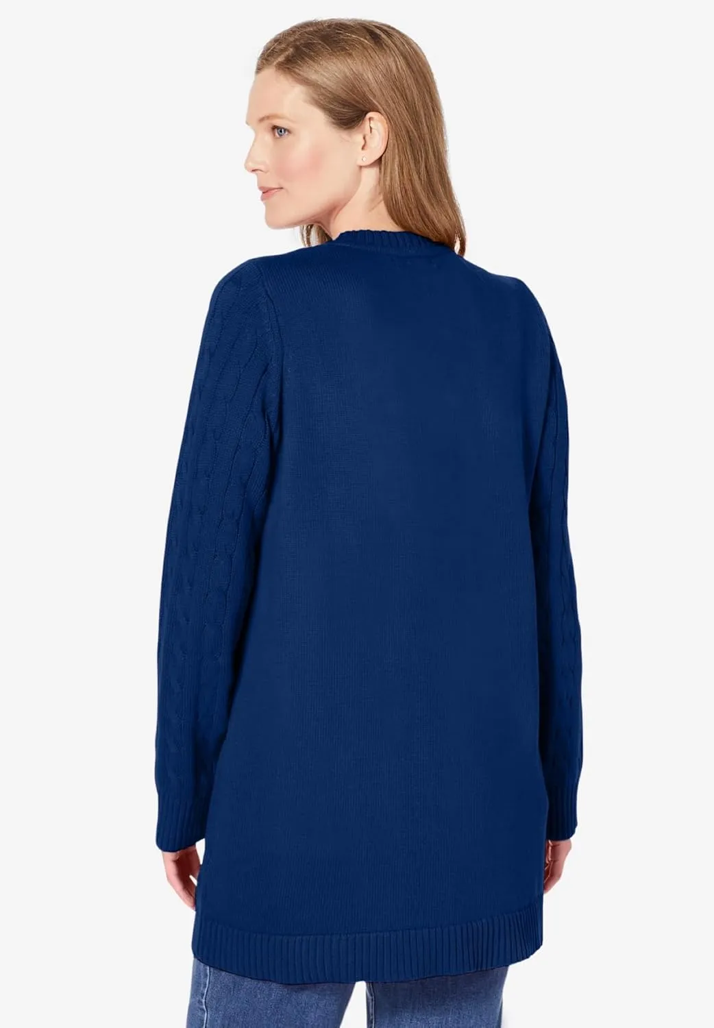 Woman Within Plus Size Cotton Cable Knit Cardigan Sweater