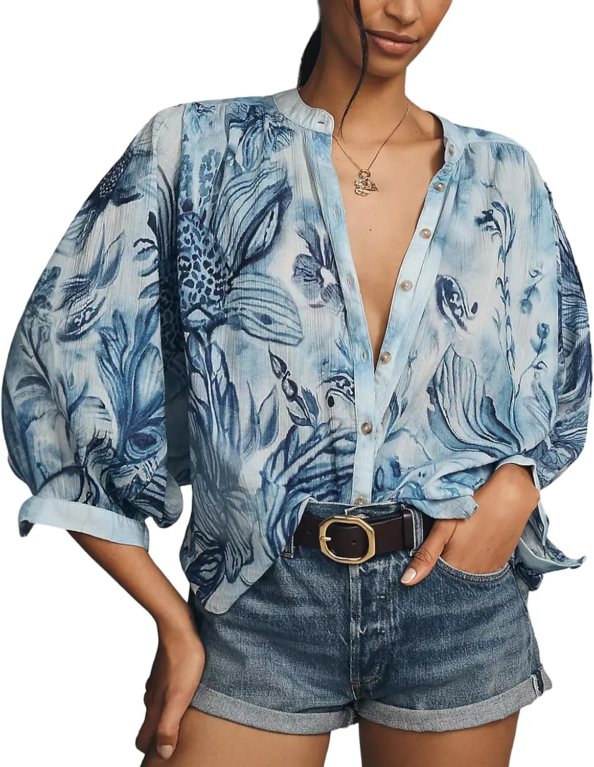 Women Boho Floral Batwing Sleeve Blouse 2025 Summer Casual Button Down Flowy Shirts Beach Vacation Outfits