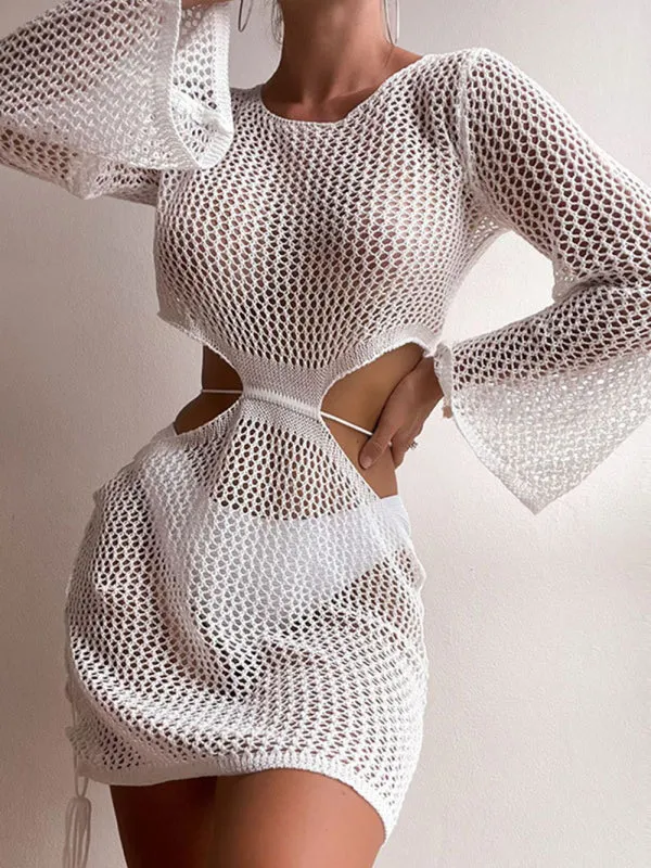 Women's Crochet Long Sleeve Beach Cover Up With Side Cut Outs