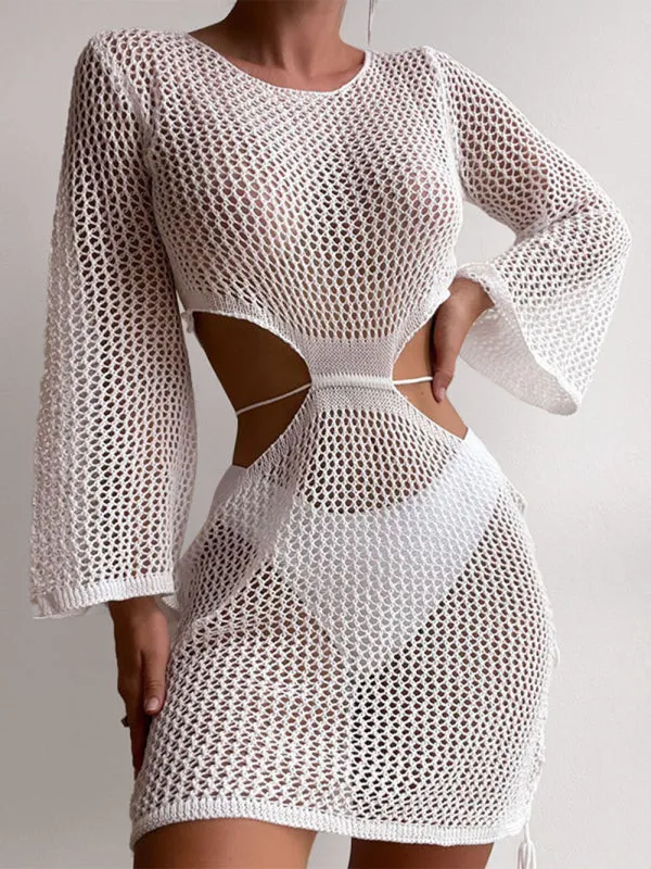Women's Crochet Long Sleeve Beach Cover Up With Side Cut Outs