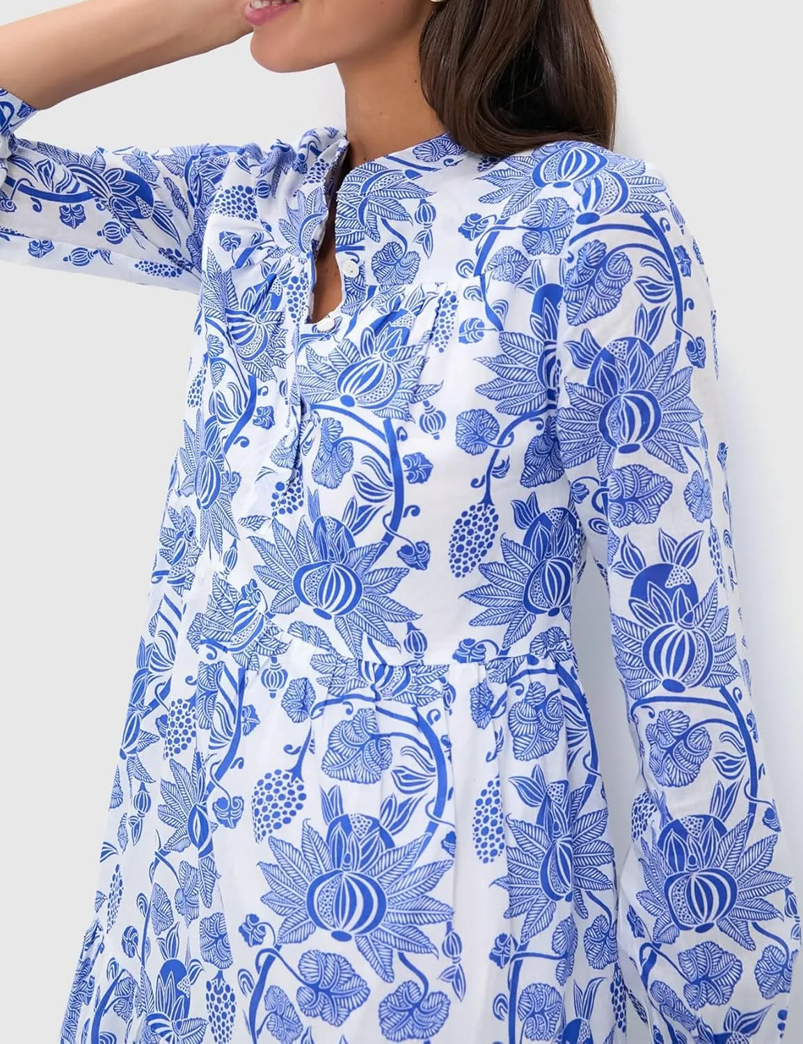 Women's Floral Midi Dress V-Neckline Button Front Long Sleeve High Waist A Line Flowy Tiered Long Dress