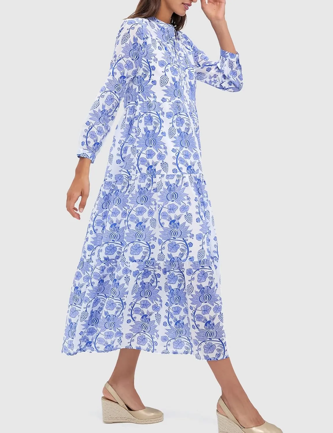 Women's Floral Midi Dress V-Neckline Button Front Long Sleeve High Waist A Line Flowy Tiered Long Dress