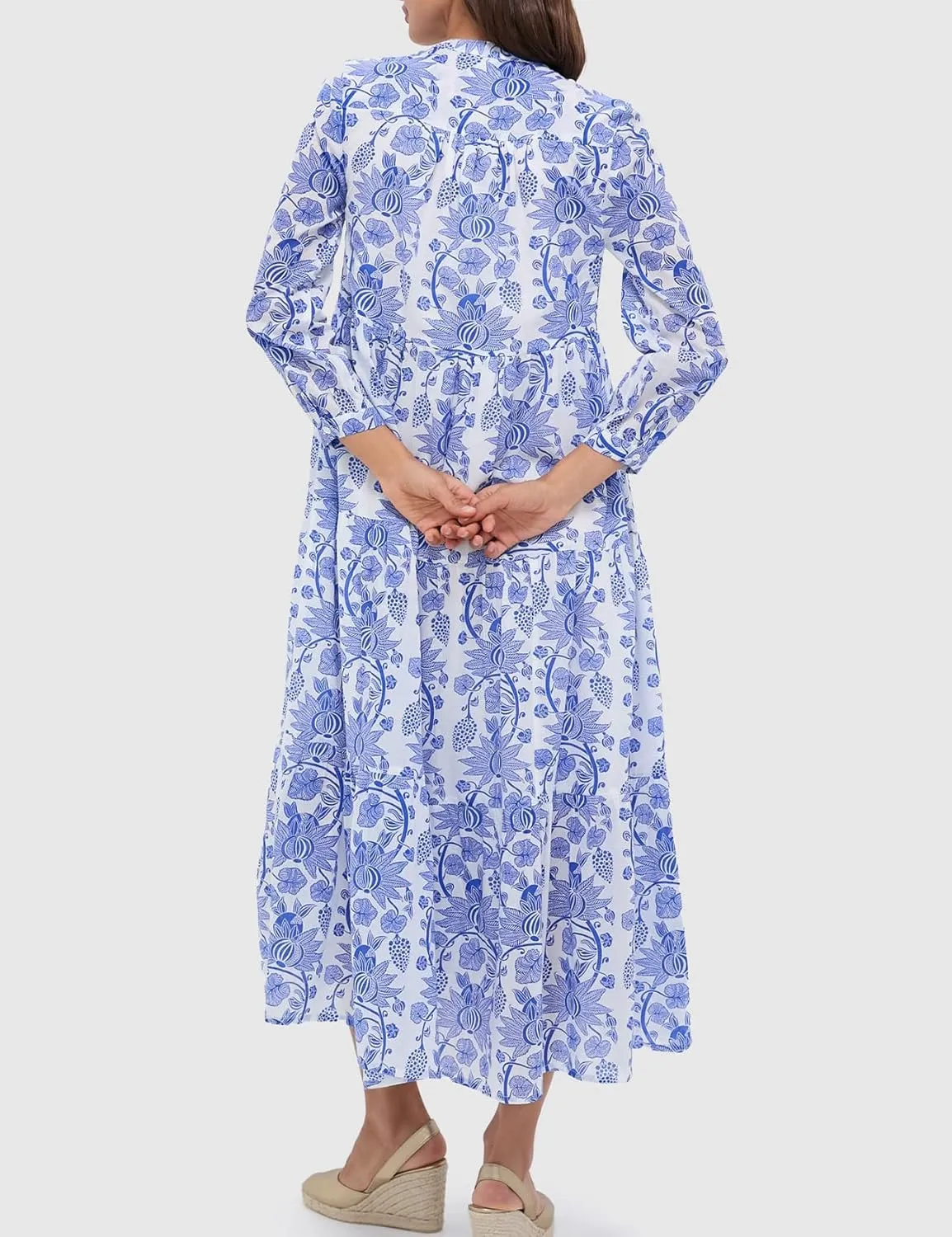 Women's Floral Midi Dress V-Neckline Button Front Long Sleeve High Waist A Line Flowy Tiered Long Dress