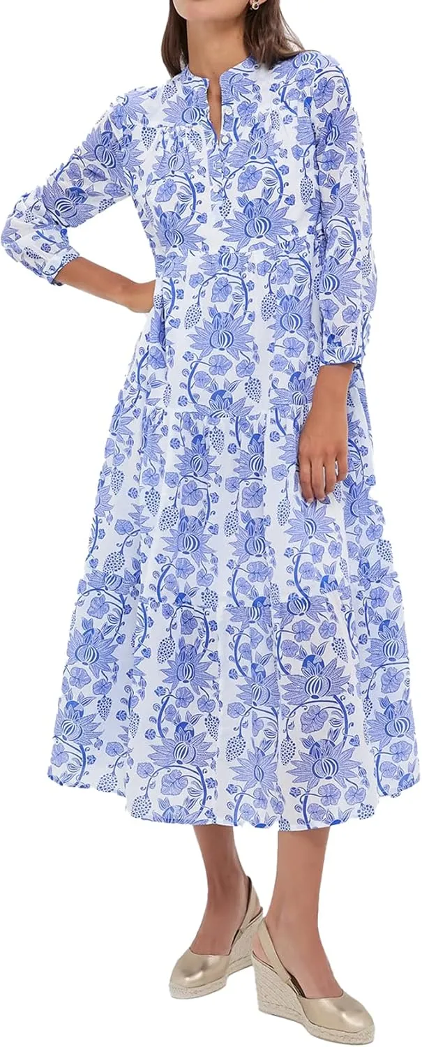 Women's Floral Midi Dress V-Neckline Button Front Long Sleeve High Waist A Line Flowy Tiered Long Dress