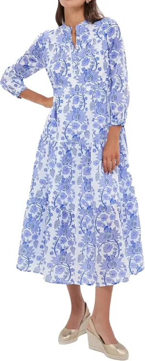 Women's Floral Midi Dress V-Neckline Button Front Long Sleeve High Waist A Line Flowy Tiered Long Dress