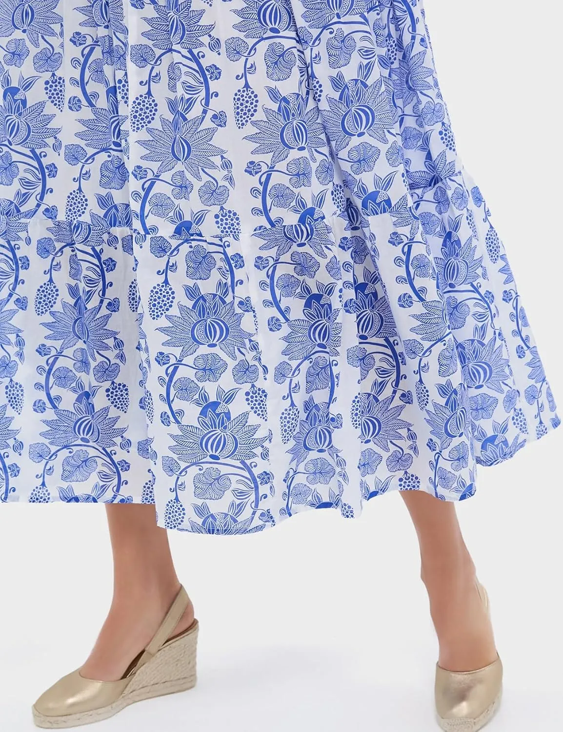 Women's Floral Midi Dress V-Neckline Button Front Long Sleeve High Waist A Line Flowy Tiered Long Dress